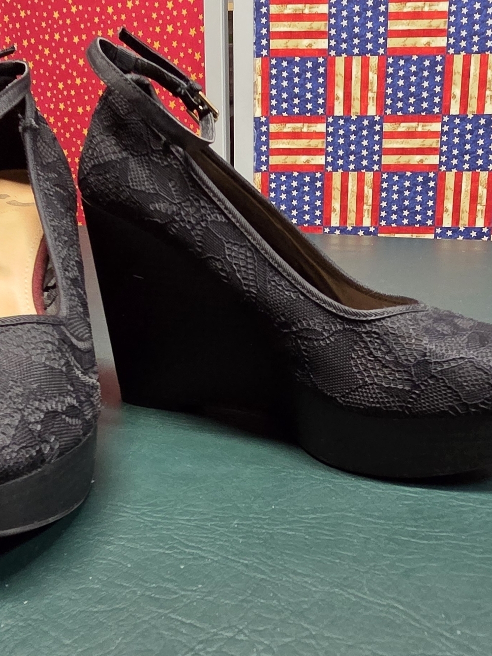 **Black Lace Wedge Pumps with Ankle Strap**